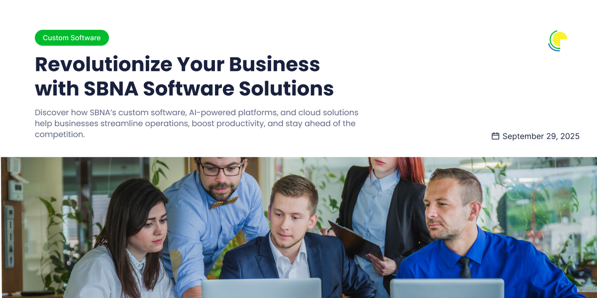 Business professionals using SBNA Software Solutions for AI-powered contact centers, cloud services, and custom software.