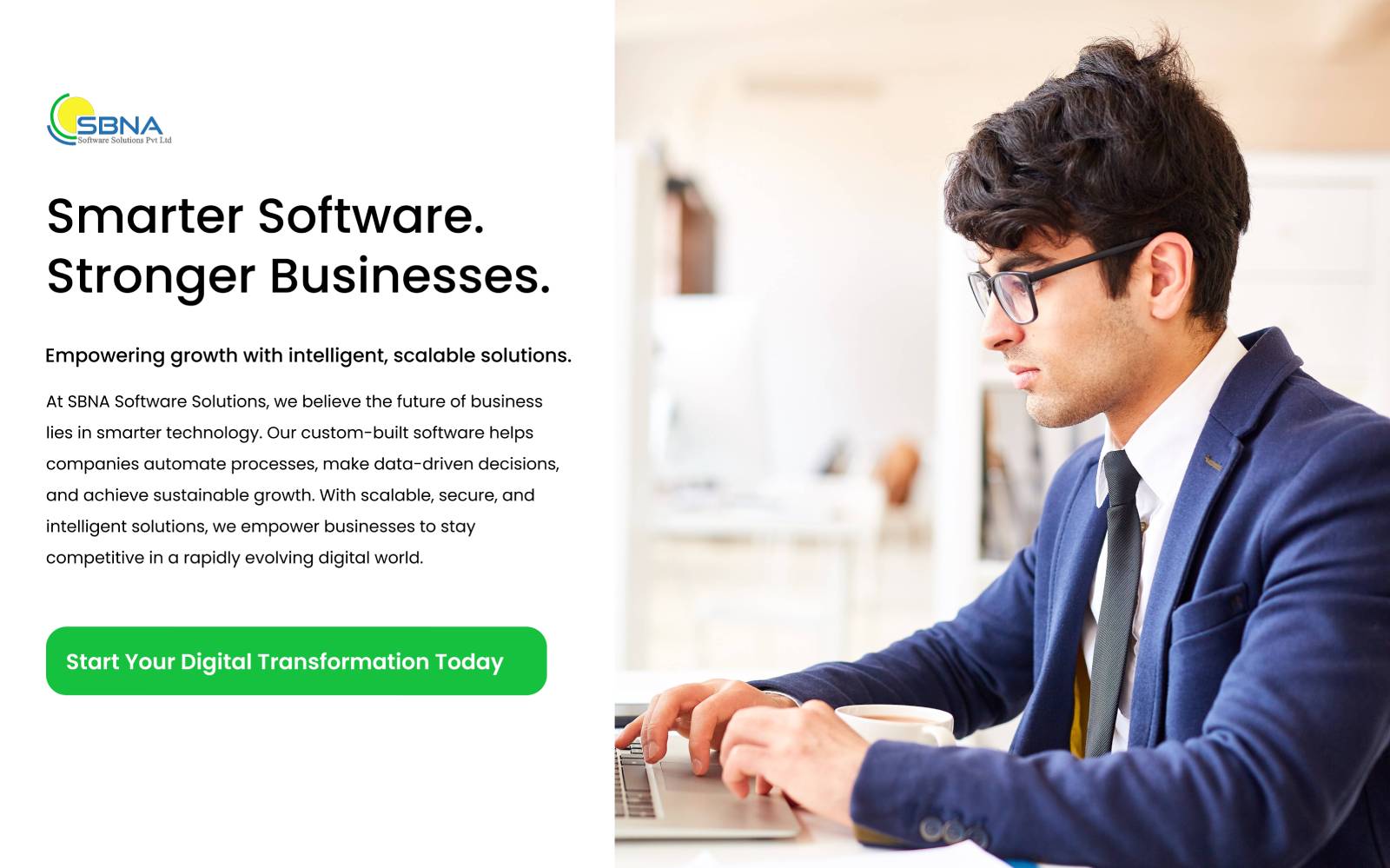 Feature image showing digital technology concept with text “Smarter Software. Stronger Businesses” by SBNA Software Solutions